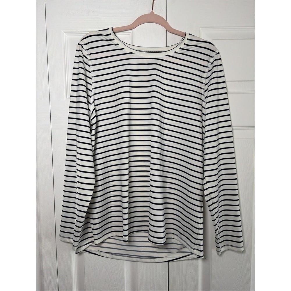 LL Bean Rash Guard Swim Top Womens XL Blue White Striped Long Sleeve Beach Swim